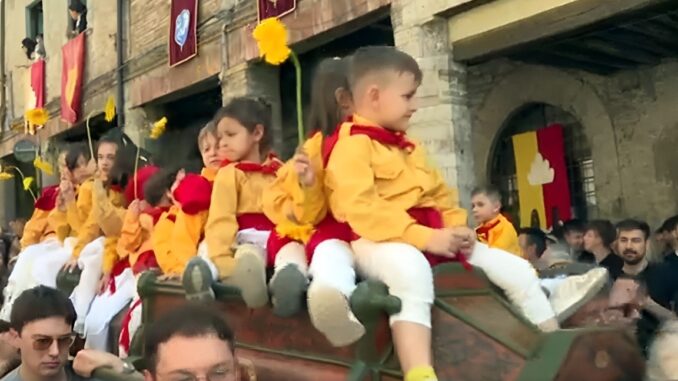 Gubbio, i Ceri scendono dal monte: folla in festa